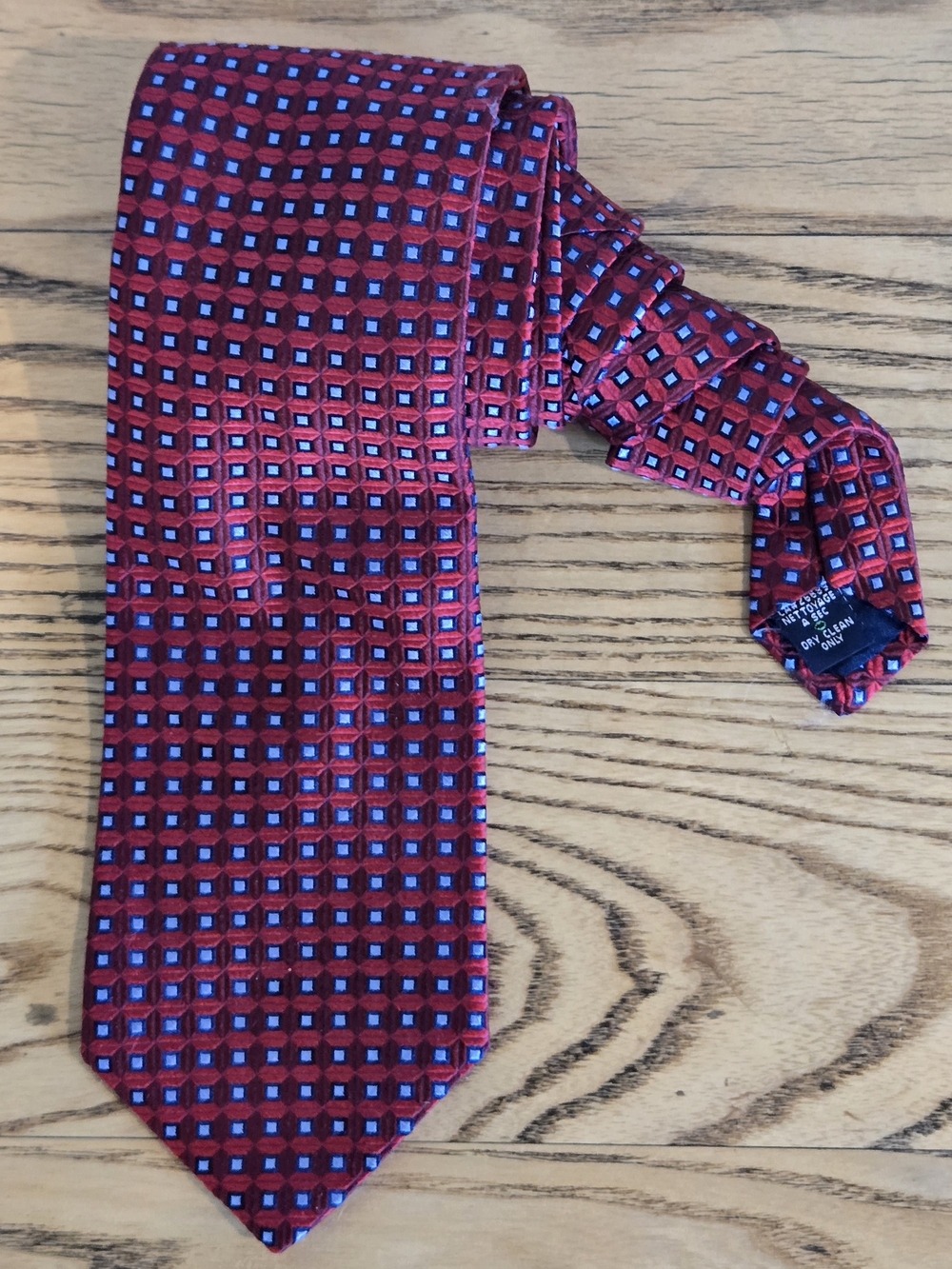 Nautica Red Silk Tie with Blue Square Pattern